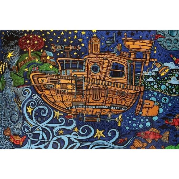 New Large Steampunk Tugboat Tapestry Psychedelic Wall Art Hanging Decor 90x60 - Picture 1 of 3